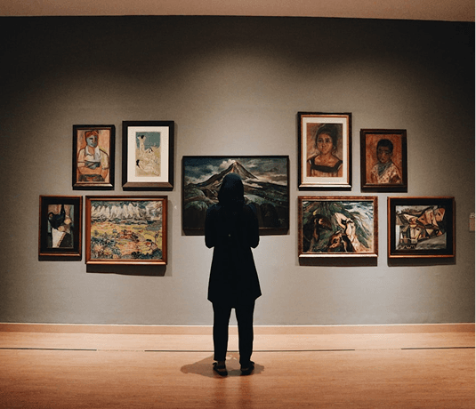 Visitor looking at framed paintings in a gallery